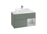 Villeroy und Boch Finion Waschtischunterschrank G121GJGM 100cm, Abdeckplatte white matt, Emotion, Regal rechts Light grey matt, Olive Matt Lacquer