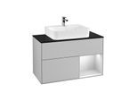 Villeroy und Boch Finion Waschtischunterschrank G122MTGJ 100cm, Abdeckplatte black matt, Emotion, Regal rechts White matt lacquer, Light grey matt