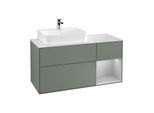 Villeroy und Boch Finion Waschtischunterschrank F151GJGM 120cm, Abdeckplatte white matt, Regal rechts Light grey matt, Olive Matt Lacquer