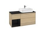 Villeroy und Boch Finion Waschtischunterschrank G142PHPC 120cm, Abdeckplatte black matt, Emotion, Regal links Glossy Black Lacquer, Oak Veneer