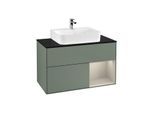 Villeroy und Boch Finion Waschtischunterschrank G122HHGM 100cm, Abdeckplatte black matt, Emotion, Regal rechts Sand Matt, Olive Matt Lacquer