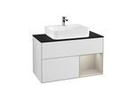 Villeroy und Boch Finion Waschtischunterschrank G122HHMT 100cm, Abdeckplatte black matt, Emotion, Regal rechts Sand Matt, White matt lacquer