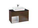 Villeroy und Boch Finion Waschtischunterschrank F112GJGN 100cm, Abdeckplatte white matt, Regal links Light grey matt, Walnut veneer