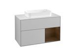 Villeroy und Boch Finion Waschtischunterschrank F251GNGJ 100x60,3cm, Abdeckplatte white matt, Regal rechts Walnut veneer, Light grey matt