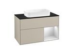 Villeroy und Boch Finion Waschtischunterschrank F252MTHH 100x60,3cm, Abdeckplatte black matt, Regal rechts White matt lacquer, Sand Matt Lacquer
