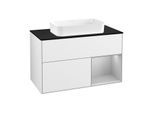 Villeroy und Boch Finion Waschtischunterschrank G252GJGF 100cm, Abdeckplatte black matt, Emotion, Regal rechts Light grey matt, Glossy white lacquer