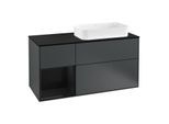 Villeroy und Boch Finion Waschtischunterschrank F272PHHG 120cm, Abdeckplatte black matt, Regal links Glossy Black Lacquer, Midnight Blue Matt Lacquer