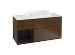 Villeroy und Boch Finion Waschtischunterschrank F291PHGN 120cm, Abdeckplatte white matt, Regal links Glossy Black Lacquer, Walnut veneer