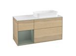 Villeroy und Boch Finion Waschtischunterschrank G271GMPC 120cm, Abdeckplatte white matt, Emotion, Regal links Olive Matt Lacquer, Oak Veneer