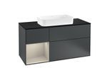 Villeroy und Boch Finion Waschtischunterschrank F292HHHG 120cm, Abdeckplatte black matt, Regal links Sand Matt Lacquer, Midnight Blue Matt Lacquer