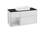 Villeroy und Boch Finion Waschtischunterschrank F292GJMT 120cm, Abdeckplatte black matt, Regal links Light grey matt, White matt lacquer