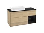 Villeroy und Boch Finion Waschtischunterschrank F282PHPC 120cm, Abdeckplatte black matt, Regal rechts Glossy Black Lacquer, Oak Veneer