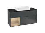 Villeroy und Boch Finion Waschtischunterschrank F292PCHG 120cm, Abdeckplatte black matt, Regal links Oak Veneer, Midnight Blue Matt Lacquer