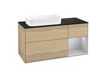 Villeroy und Boch Finion Waschtischunterschrank G282GJPC 120cm, Abdeckplatte black matt, Emotion, Regal rechts Light grey matt, Oak Veneer