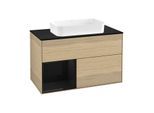 Villeroy und Boch Finion Waschtischunterschrank F242PHPC 100x60,3cm, Abdeckplatte black matt, Regal links Glossy Black Lacquer, Oak Veneer
