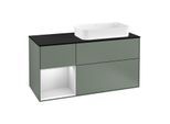 Villeroy und Boch Finion Waschtischunterschrank G272MTGM 120cm, Abdeckplatte black matt, Emotion, Regal links White matt lacquer, Olive Matt Lacquer
