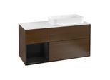 Villeroy und Boch Finion Waschtischunterschrank G271PHGN 120cm, Abdeckplatte white matt, Emotion, Regal links Glossy Black Lacquer, Walnut veneer