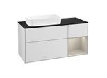 Villeroy und Boch Finion Waschtischunterschrank F282HHMT 120cm, Abdeckplatte black matt, Regal rechts Sand Matt, White matt lacquer