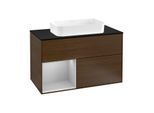 Villeroy und Boch Finion Waschtischunterschrank F242GJGN 100x60,3cm, Abdeckplatte black matt, Regal links Light grey matt, Walnut veneer