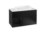 Villeroy und Boch Finion Waschtischunterschrank G241PHPD 100cm, Abdeckplatte white matt, Emotion, Regal links Glossy Black Lacquer, Black matt lacquer