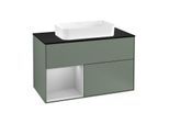 Villeroy und Boch Finion Waschtischunterschrank F242GJGM 100x60,3cm, Abdeckplatte black matt, Regal links Light grey matt, Olive Matt Lacquer
