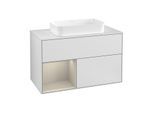 Villeroy und Boch Finion Waschtischunterschrank F241HHMT 100x60,3cm, Abdeckplatte white matt, Regal links Sand Matt Lacquer, White matt lacquer