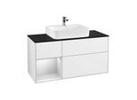 Villeroy und Boch Finion Waschtischunterschrank G162MTGF 120cm, Abdeckplatte black matt, Emotion, Regal links White matt lacquer, Glossy white lacquer