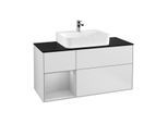 Villeroy und Boch Finion Waschtischunterschrank G162GJMT 120cm, Abdeckplatte black matt, Emotion, Regal links Light grey matt, White matt lacquer