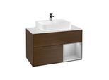 Villeroy und Boch Finion Waschtischunterschrank F121GJGN 100cm, Abdeckplatte weiß matt, Regal rechts Light grey matt, Walnut veneer
