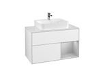Villeroy und Boch Finion Waschtischunterschrank F121GJGF 100cm, Abdeckplatte weiß matt, Regal rechts Light grey matt, Glossy white lacquer