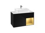 Villeroy und Boch Finion Waschtischunterschrank F121HFPH 100cm, Abdeckplatte weiß matt, Regal rechts Gold matt, Glossy Black Lacquer