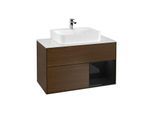 Villeroy und Boch Finion Waschtischunterschrank F121PHGN 100cm, Abdeckplatte weiß matt, Regal rechts Glossy Black Lacquer, Walnut veneer