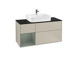 Villeroy und Boch Finion Waschtischunterschrank G162GMHH 120cm, Abdeckplatte black matt, Emotion, Regal links Olive Matt Lacquer, Sand Matt Lacquer