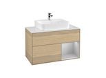 Villeroy und Boch Finion Waschtischunterschrank F121GJPC 100cm, Abdeckplatte weiß matt, Regal rechts Light grey matt, Oak Veneer