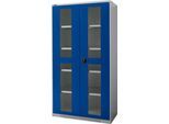 Schäfer Shop Genius Flügeltürenschrank FS, Stahl, Sichtfenster, Lüftungslöcher, B 1055 x T 520 x H 1950 mm, 5 OH, Weißalu/Enzianblau, bis 500 kg