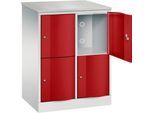 C+P Schließfachschrank Resisto, 2 Abteile, 4 Fächer, B 772 x T 540 x H 1077 mm, Lichtgrau/Rubinrot