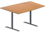 Schäfer Shop Genius Konferenztisch MODENA FLEX, Tonne, T-Fuß Rundrohr, B 1400 x T 1000 x H 650-850 mm, Buche/weißaluminium RAL 9006