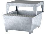IBC-Station ASECOS, Stahl, mit Gitterrost, Abfüllblock u. Staplerschuhen, B 1350 x T 1650 x H 1180 mm, verzinkt