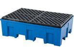 Auffangwanne, für 2 Fässer à 200 l, unterfahrbar, B 865 x T 1245 x H 350 mm, mit Polyethylen-Gitterrost, Polyethylen, blau
