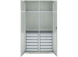 Schäfer Shop Genius Materialschrank FS, 5 OH, abschließbar, 4 Fachböden/12 Schübe, bis 450 kg, B 1055 x T 520 x H 1950 mm, Stahl, lichtgrau/lichtgrau