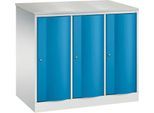 C+P Garderobenschrank Resisto, 3 Abteile, 3 Fächer, B 1148 x T 640 x H 1077 mm, Lichtgrau/Lichtblau