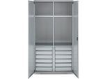 Schäfer Shop Genius Materialschrank FS, 5 OH, abschließbar, 4 Fachböden/12 Schübe, bis 450 kg, B 1055 x T 520 x H 1950 mm, Stahl, weißalu/weißalu