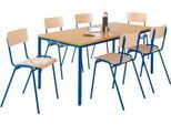 Sparset Stapelstühle, Buchenholz, Gestell blau, B 450 x T 520 x H 770 mm, 6 Stück + Tisch, Buche-Natur, Gestell blau, L 1600 x B 800 x H 720 mm