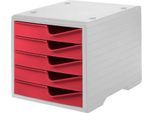 Schubladenbox styro® styroswing, 5 Schübe, Auszugsperre & Griffmulde, stapelbar, B 270 x T 340 x H 255 mm, Polystyrol, grau-cranberry