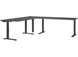 Eckschreibtisch Porto, mechanisch höheneinstellbar, C-Fuß, inkl. Ansatztisch mit Stützfuß, B 1400/1600 x T 2200 x H 680-910 mm, graphit/schwarz