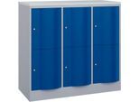 C+P Schließfachschrank Resisto, 3 Abteile, 6 Fächer, B 1148 x T 540 x H 1077 mm, Weißalu/Enzianblau