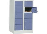 Schließfachschrank, Stahlbl., Türanschl. rechts, Zylinderschloss, 10 Fächer, B 600 x H 965 mm, l.grau RAL 7035/t.blau RAL 5014