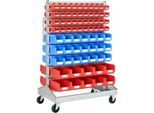 Sichtrollwagen f. Sichtlagerkästen, zweiseitig, B 1130 x T 710 x H 1705 mm, 80 x 0,7 l rot, 42 x 3 l blau, 20 x 7,5 l rot