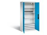 C+P Akkuladeschrank Basic mit Vollblechtüren und Schubladenblock, H 1950 x B 930 x T 500 mm, Lichtgrau/Rubinrot