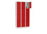 Wertfachschrank 300 mm, 3 Abteile, 12 Fächer, Sicherheitszylinderschloss, Sockel, feuerrot